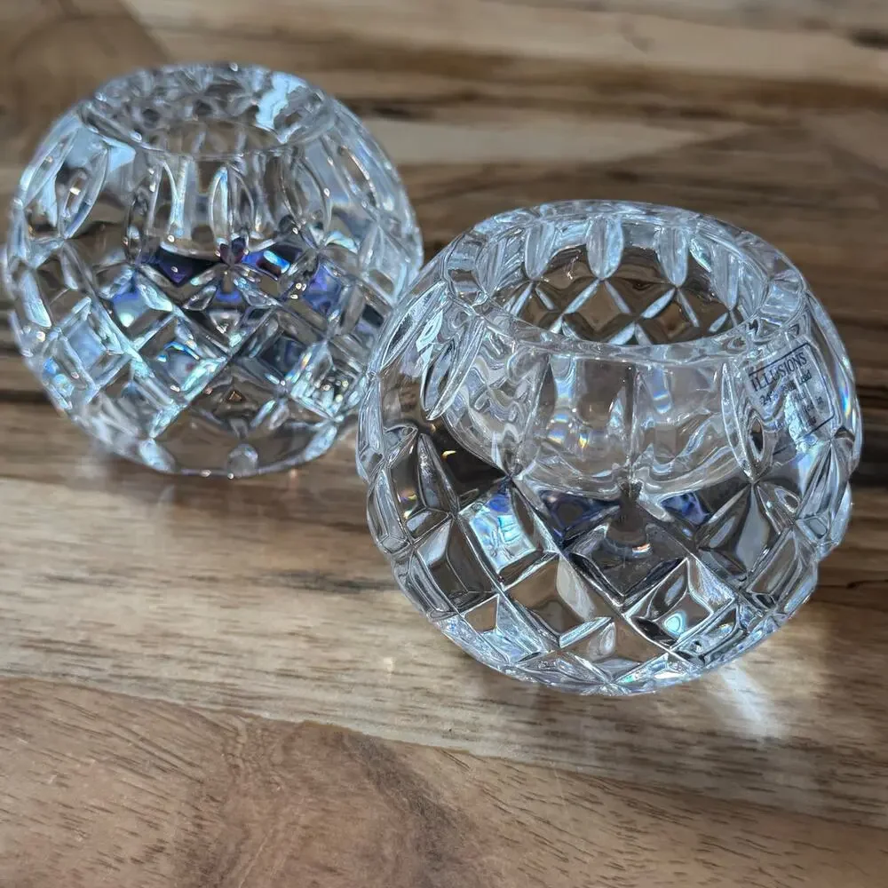 Pair VTG Illusions Samobor 24% Lead Crystal Votive Candle Holder Rose Bowl Set 2